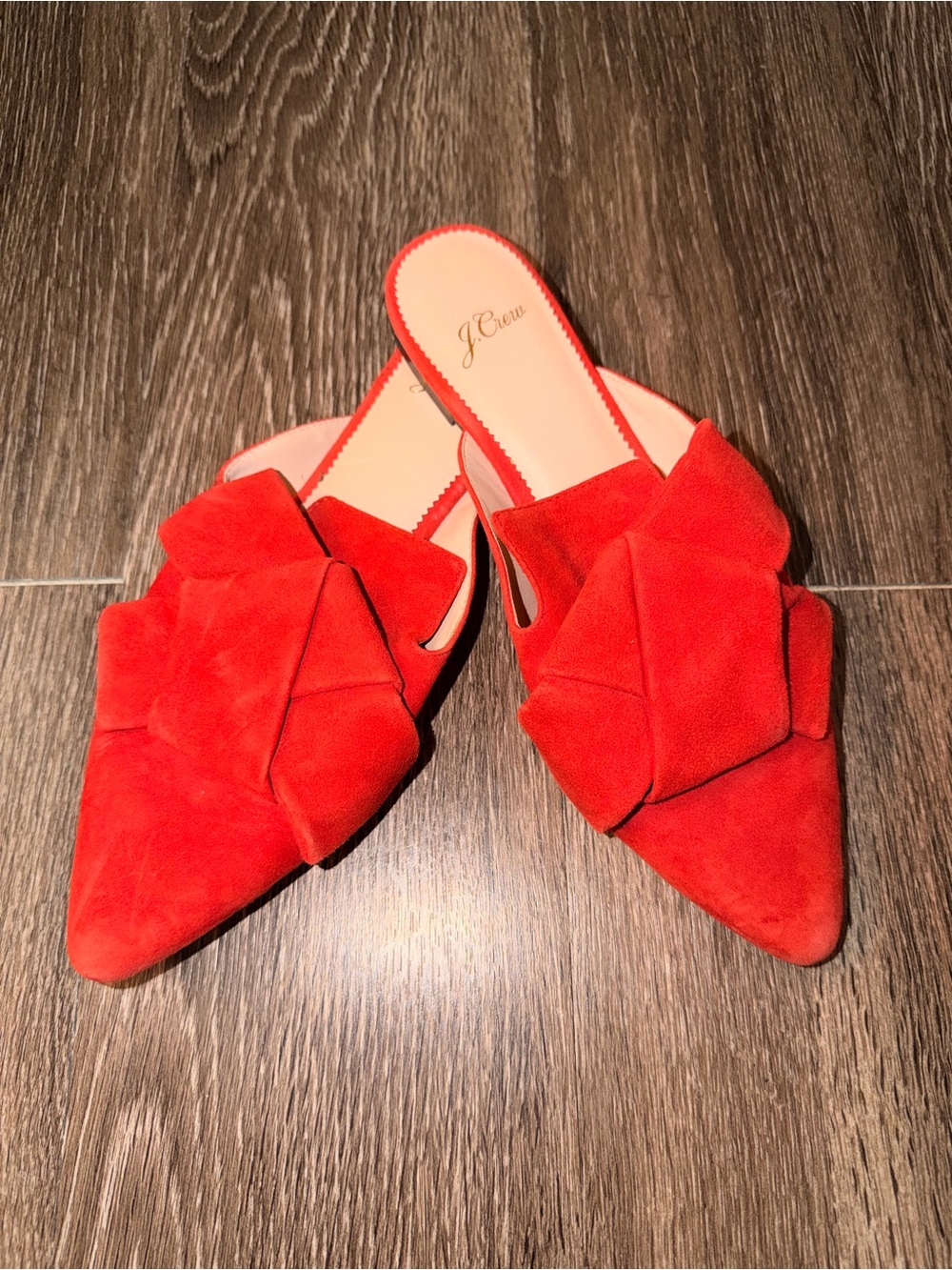 J. Crew Red Suede Pointed Bow Slip-On Mules